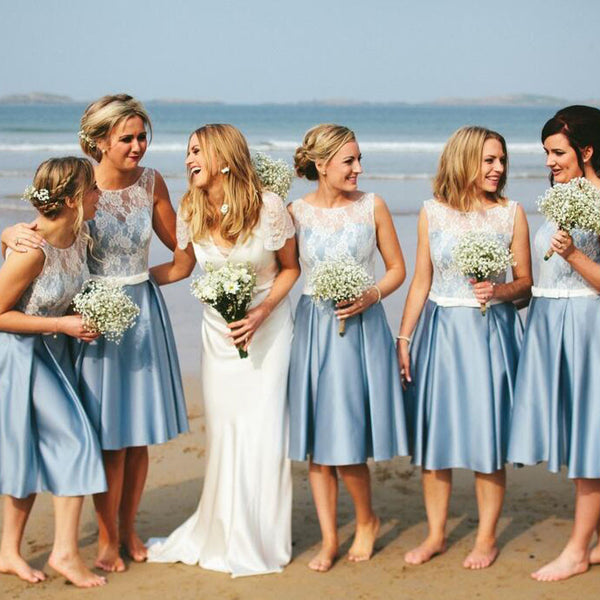 Blue Junior Satin White Lace Short Beach Wedding Bridesmaid Dresses