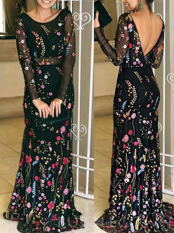 Black Long Sleeves V Back Gorgeous Embroidery Long Evening Prom Dress ...