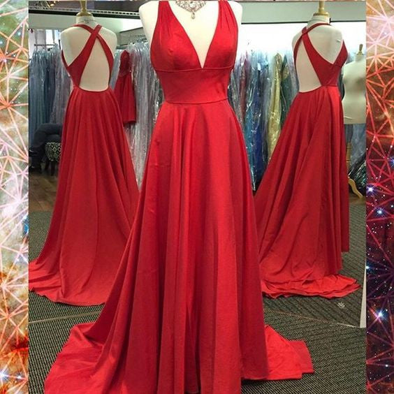 Red V Neck Cross Back Simple Cheap Long Prom Dresses, BG51509 – Bubble Gown