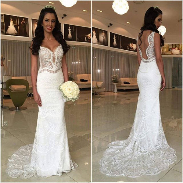 White Lace Mermaid Cheap Online Long Wedding Dresses, BG51522 – BubbleGown