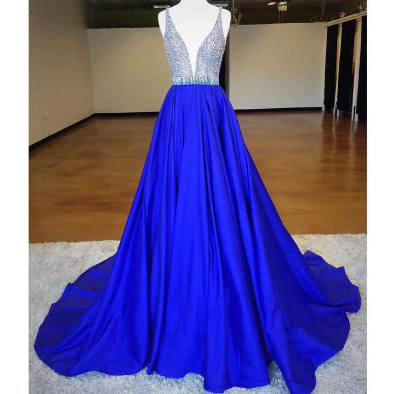 Eleagnt Royal Blue V Neck Inexpensive Long Prom Dresses, BG51524 ...