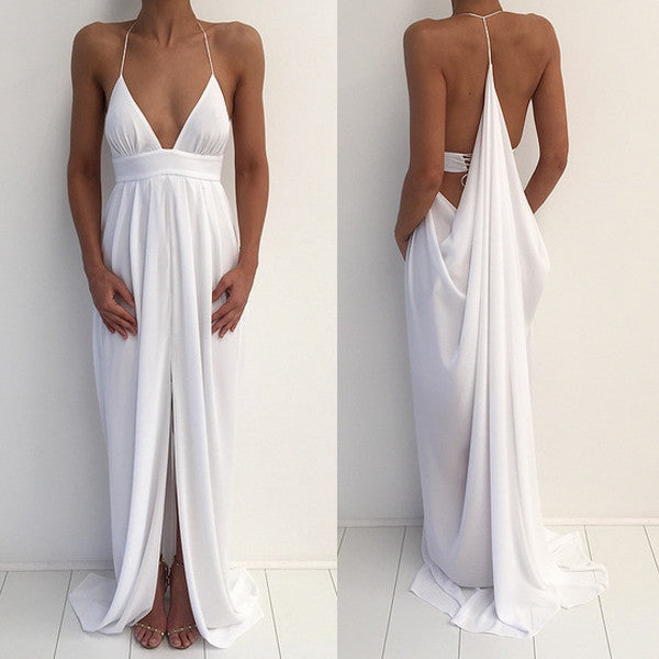 Beach Sexy Halter Unique Split White Cheap Simple Long Prom Dresses, B ...