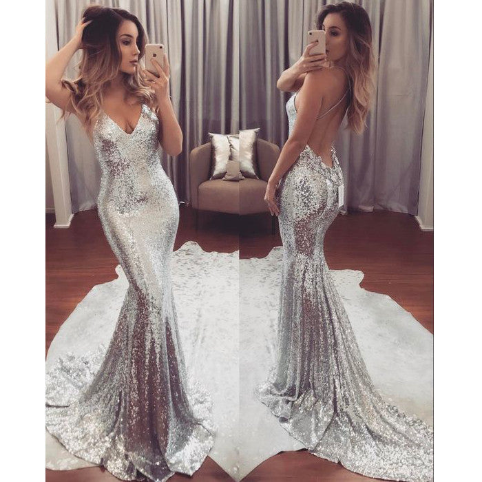 Silver Backless Cheap Sequin Sexy Sparkle Mermaid Long Prom Dresses, B ...