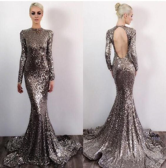 Open Back Long Sleeves Sequin Sexy Sparkle Mermaid Long Prom Dresses Bubble Gown 1802