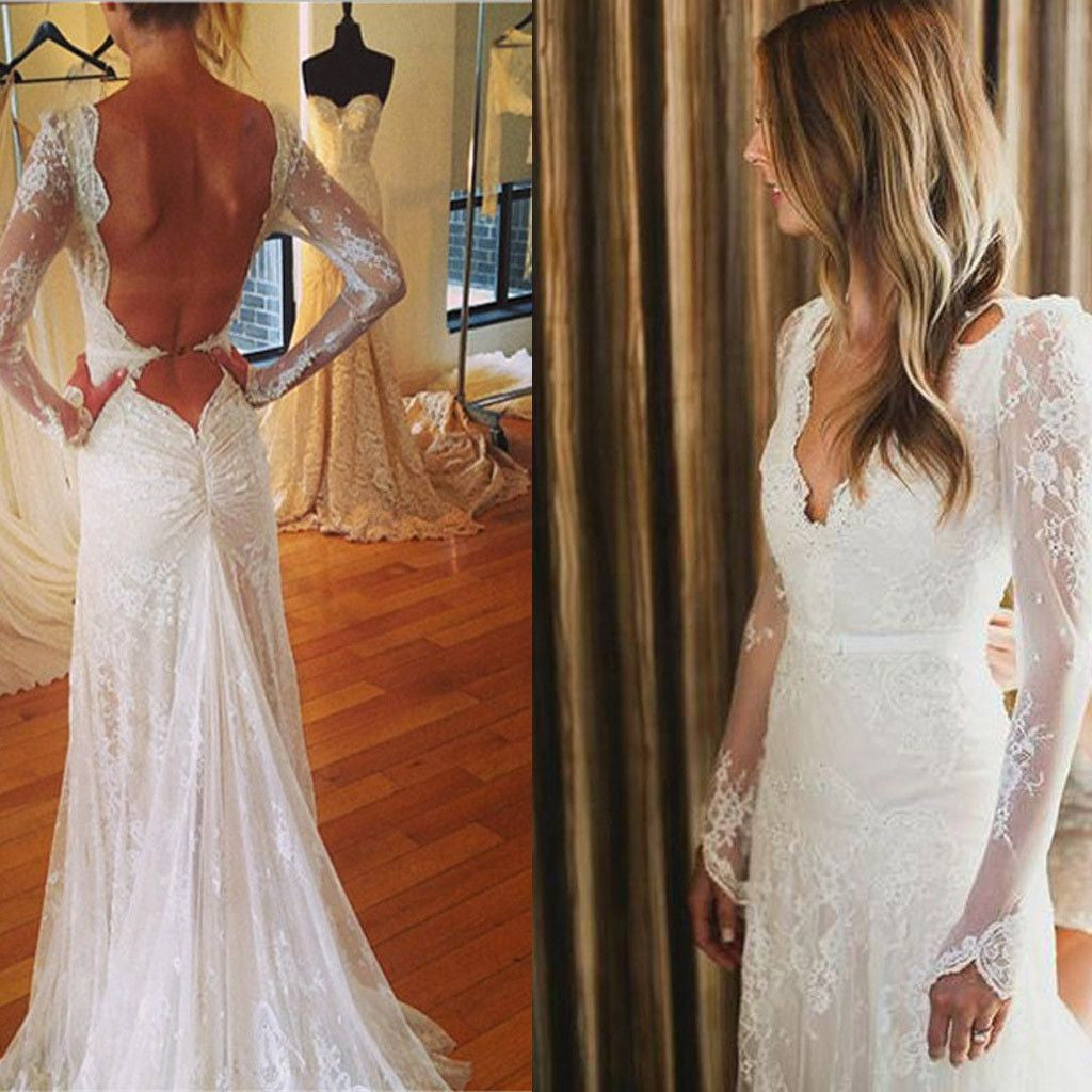 Backless Long Sleeves Lace Sexy Mermaid Long Wedding Dress Bg51582 Bubble Gown 8408