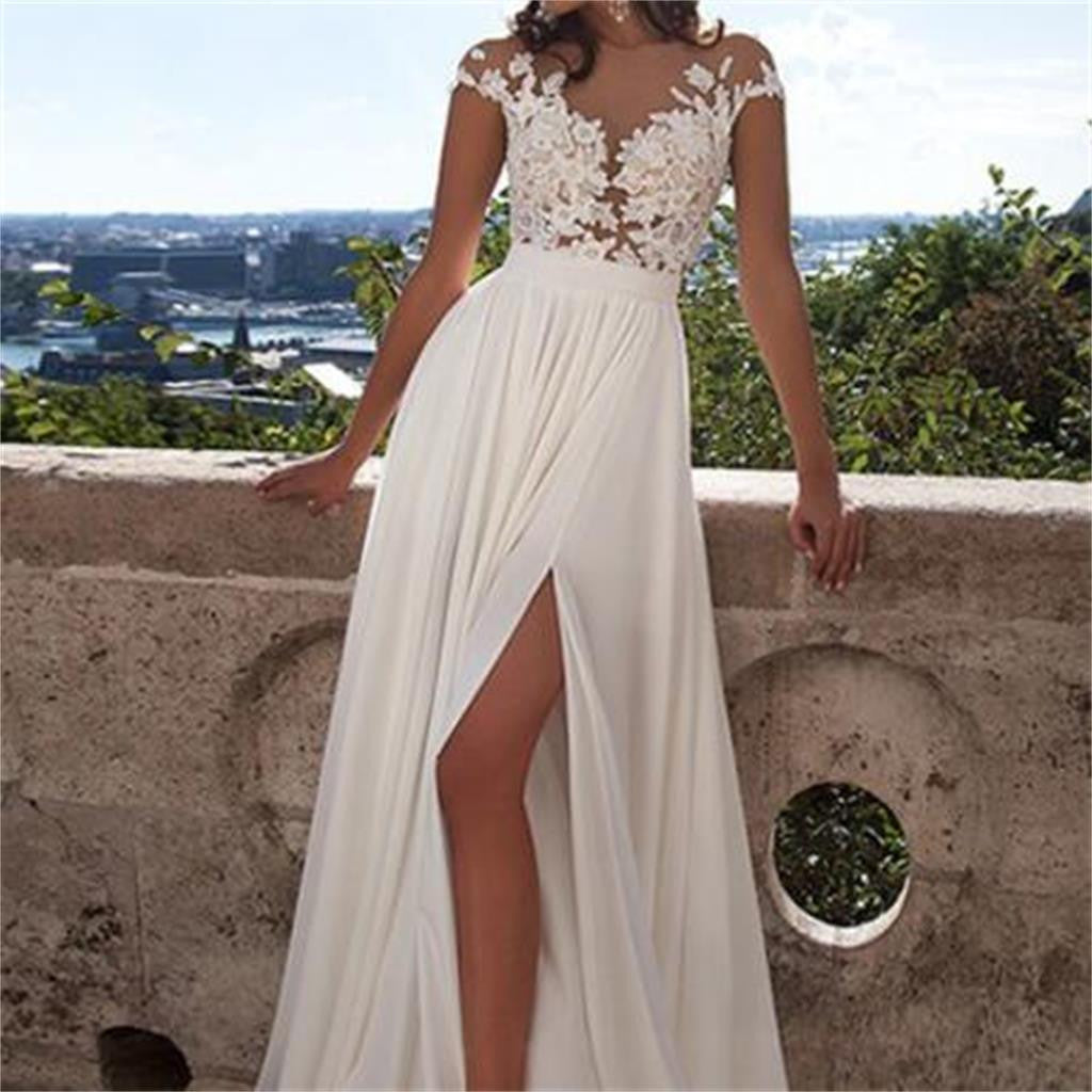 Cap Sleeve White Side Slit Lace Chiffon Long Cheap Prom Dresses Bg511 Bubblegown