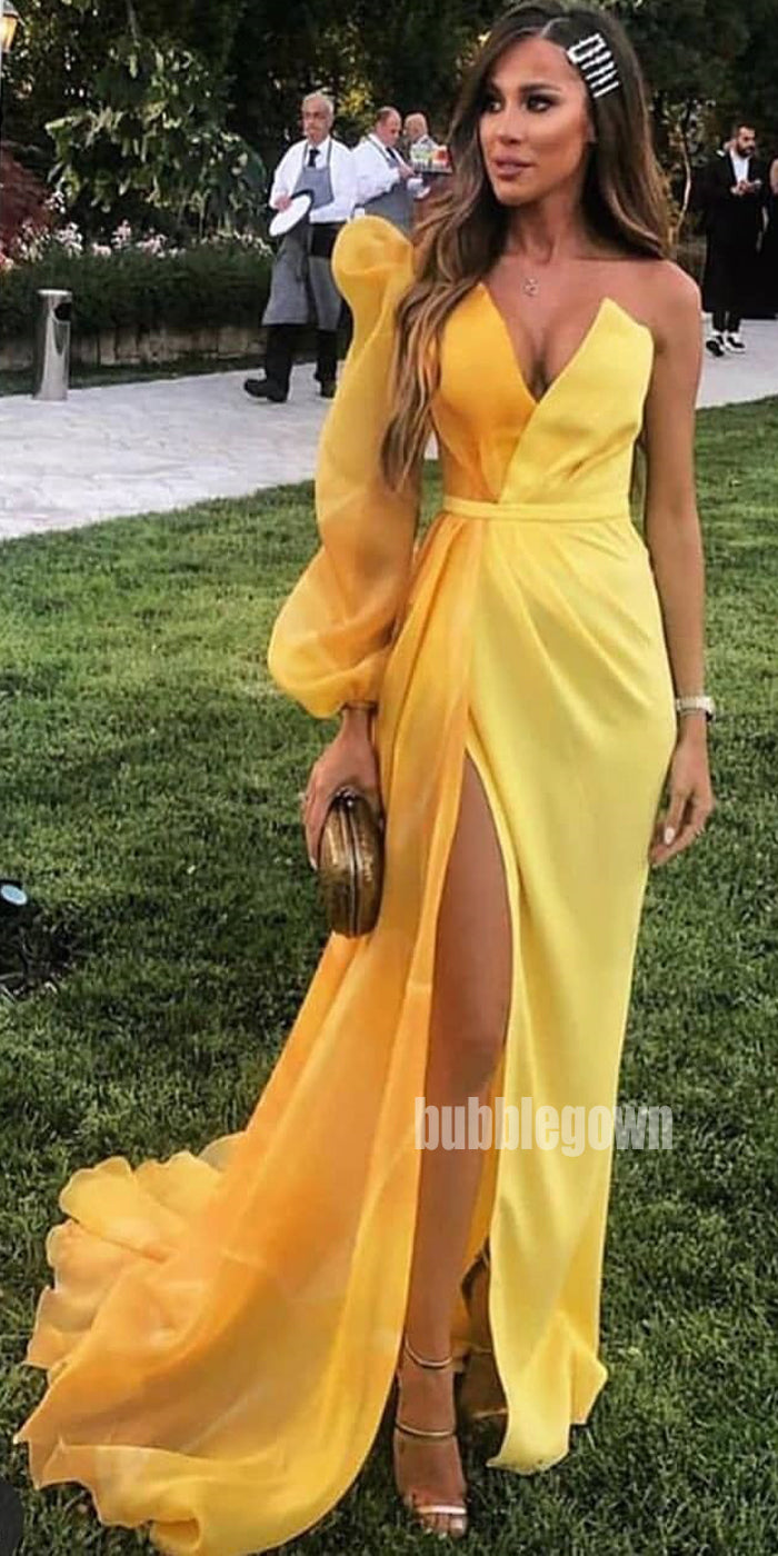 yellow one shoulder gown