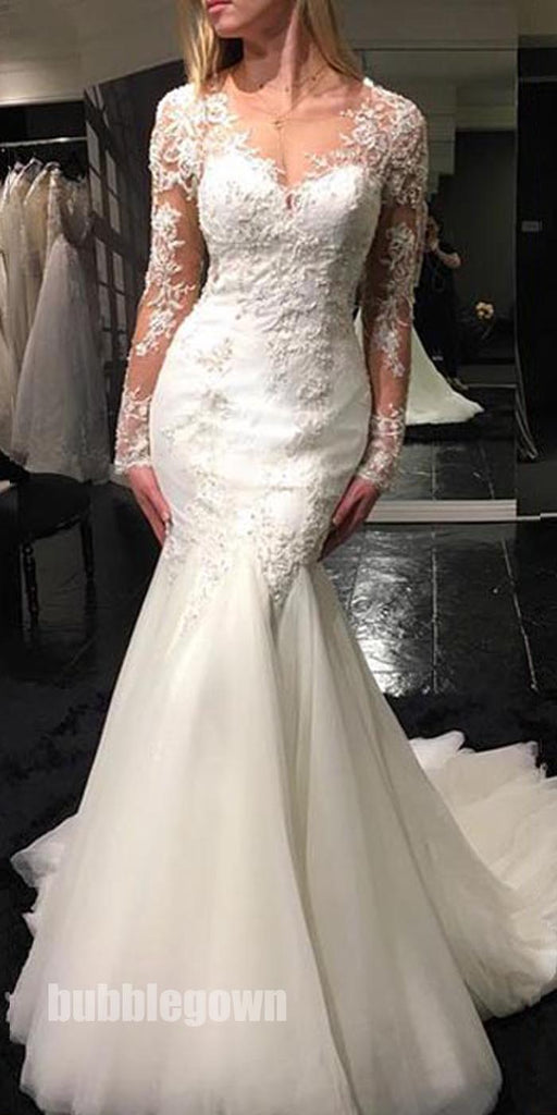 Long Sleeves Seen Through Back Mermaid Charming Long Wedding Dresses ...