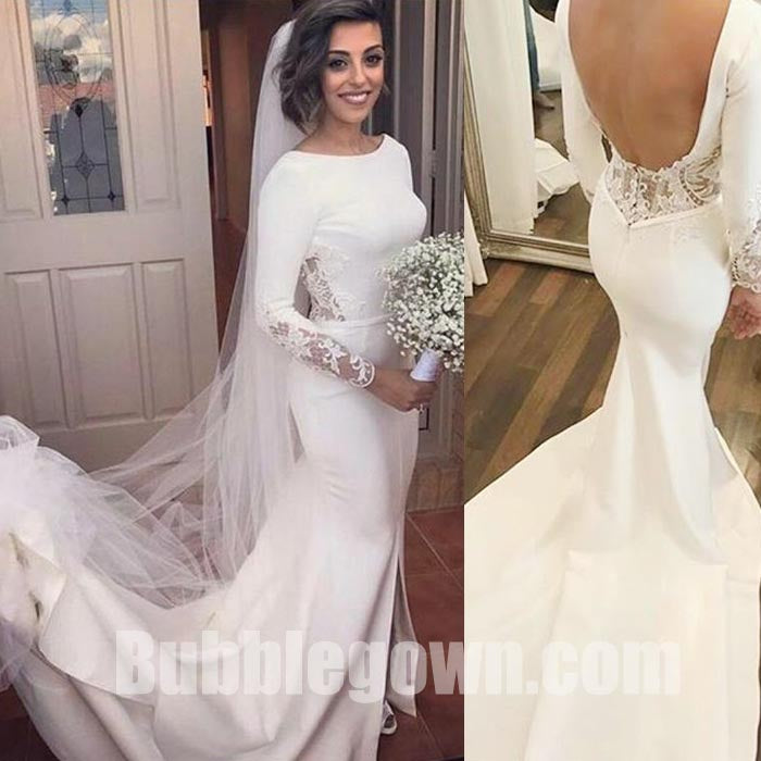 Long Sleeves Mermaid Open Back Elegant Cheap Long Wedding Dresses, BGW ...