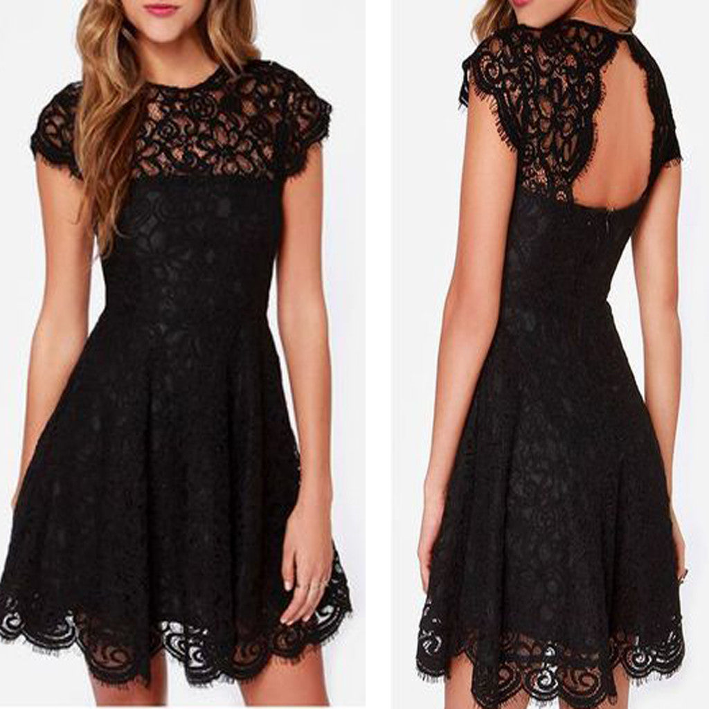 Short Sleeve Black See Through Lace Simple Open Back Tight