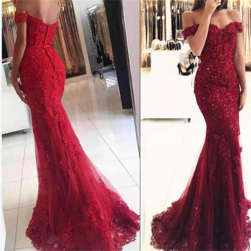 red off the shoulder mermaid prom dress