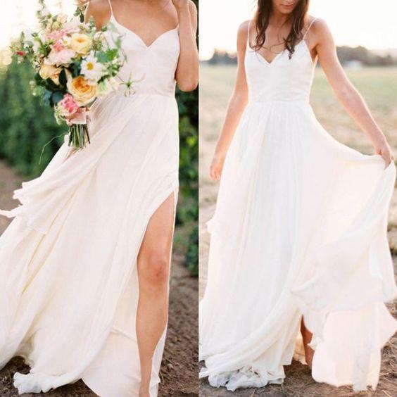 Casual Spahgetti Straps V Neck Side Slit Simple Beach Wedding