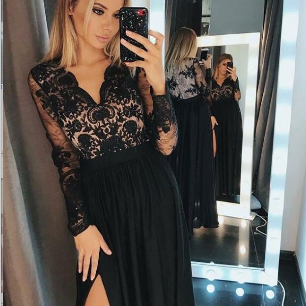 long sleeve black chiffon dress