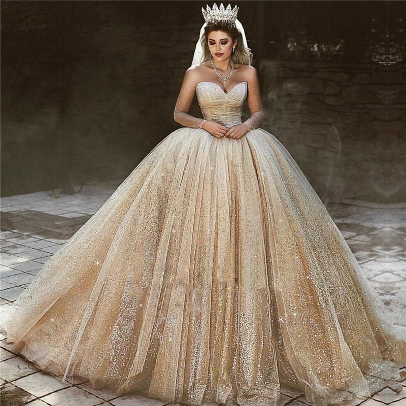 Long Gorgeous Luxury Champagne Gold Wedding Dresses  Long 