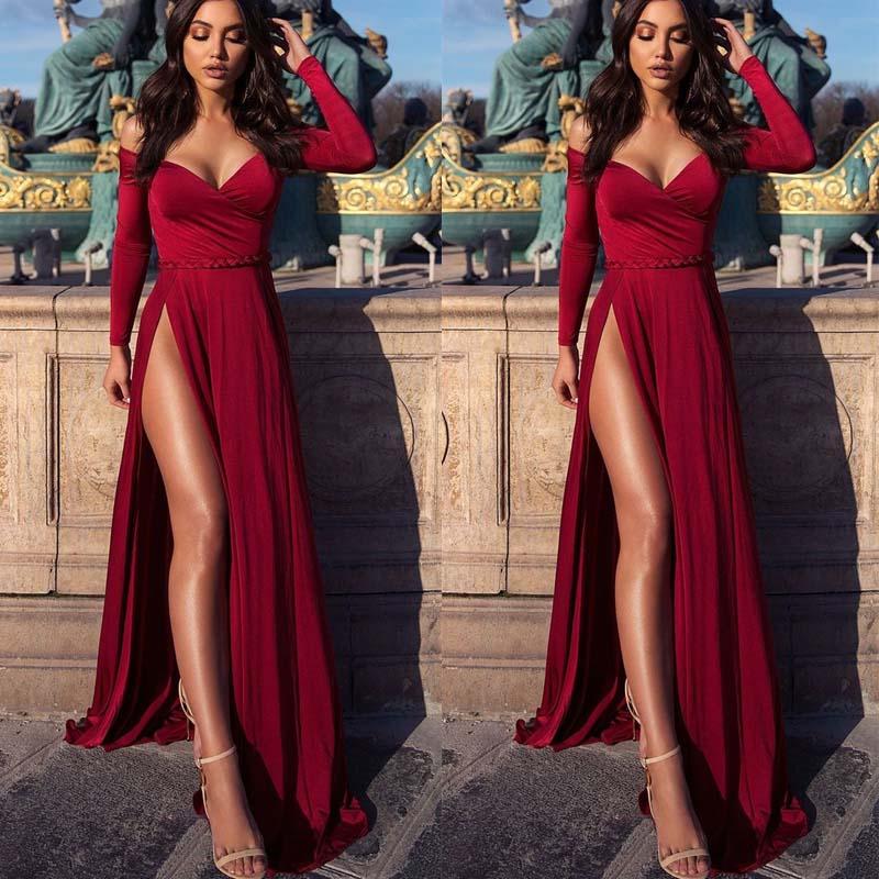 red evening dress long sleeve