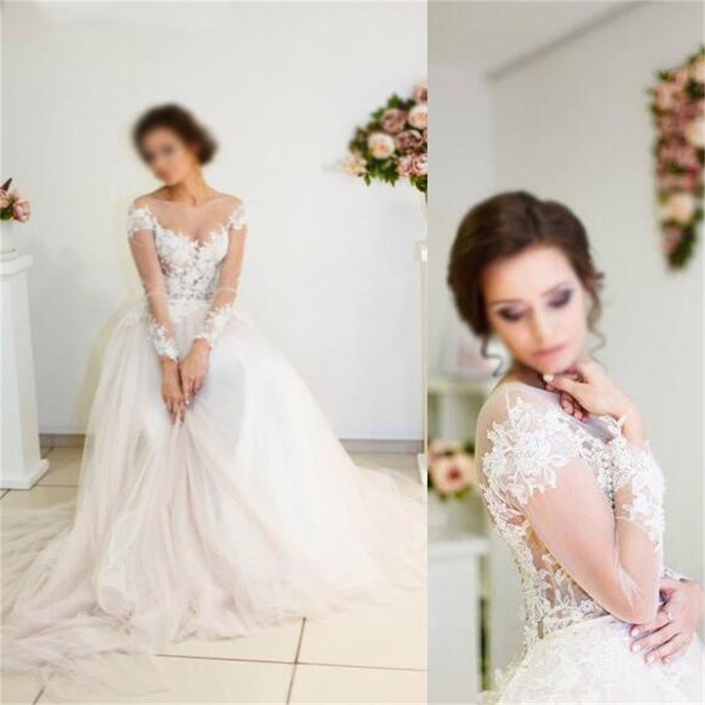 Long Sleeves Lace Appliques Tulle Pretty Beach Summer Free Custom Wedding Dresses Wd0080
