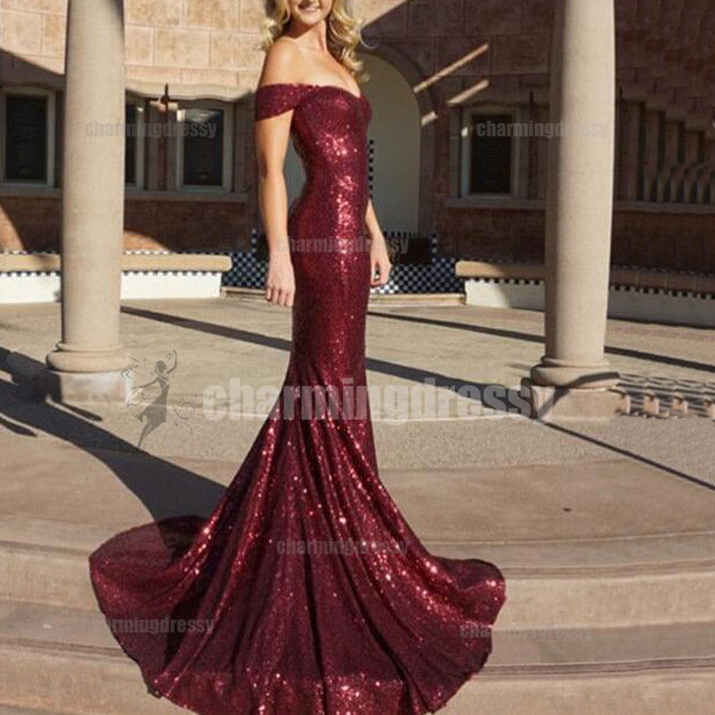 off the shoulder glitter prom dress