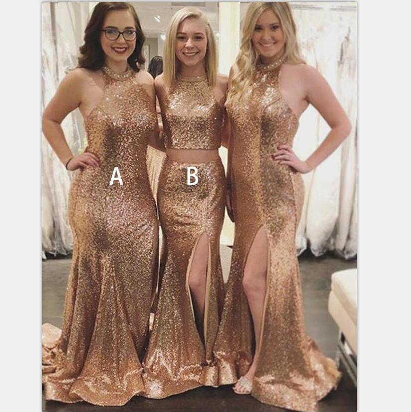 champagne sequin bridesmaid dresses long