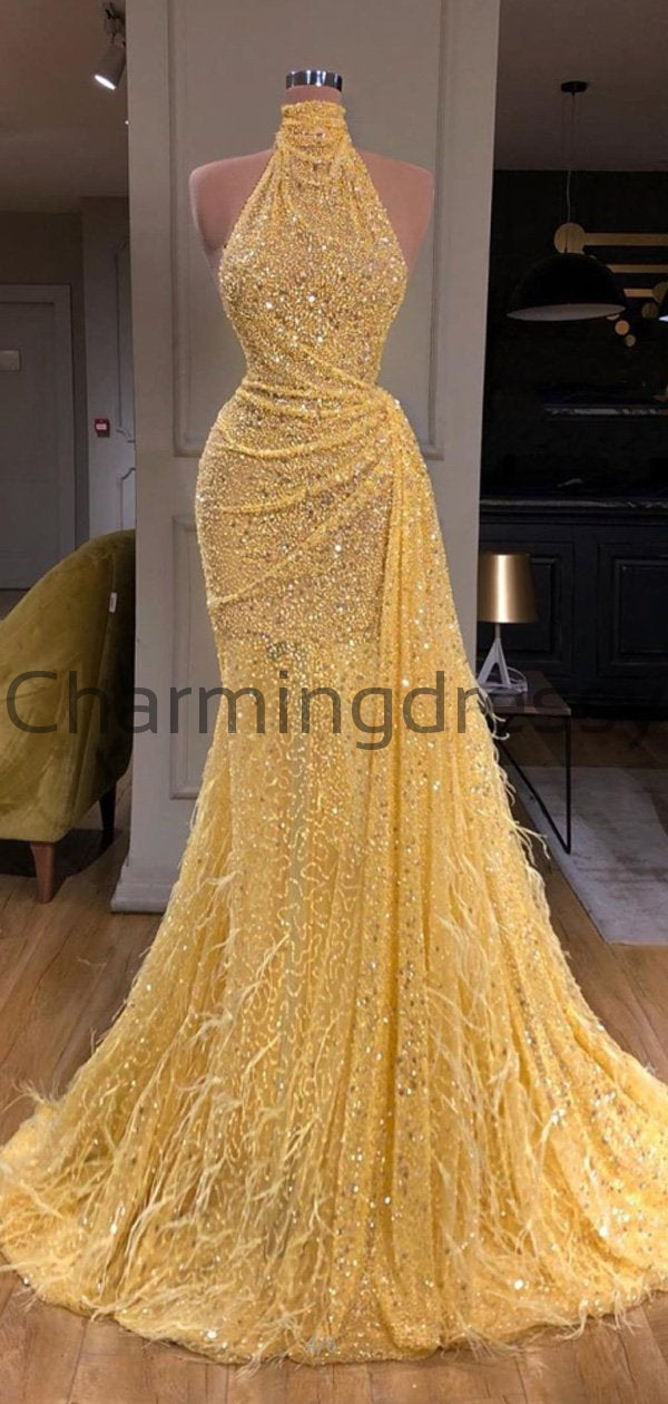 yellow glitter prom dress