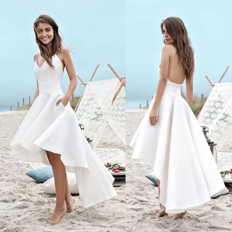 Simple Spaghetti V neck Hi low Off  White  Satin Wedding  