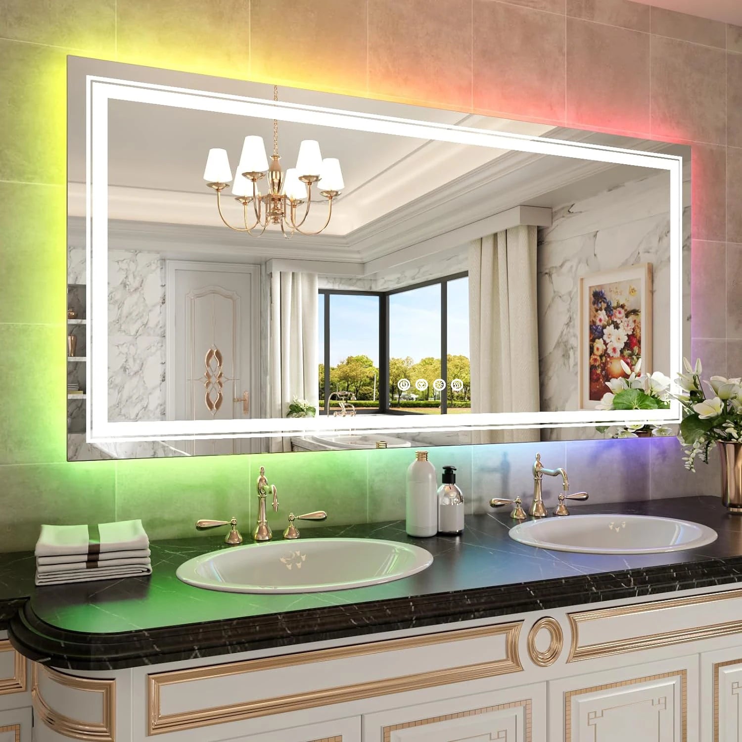 Large full-size RGB LED bathroom mirror with anti-fog and dimmable lighting, mounted vertically