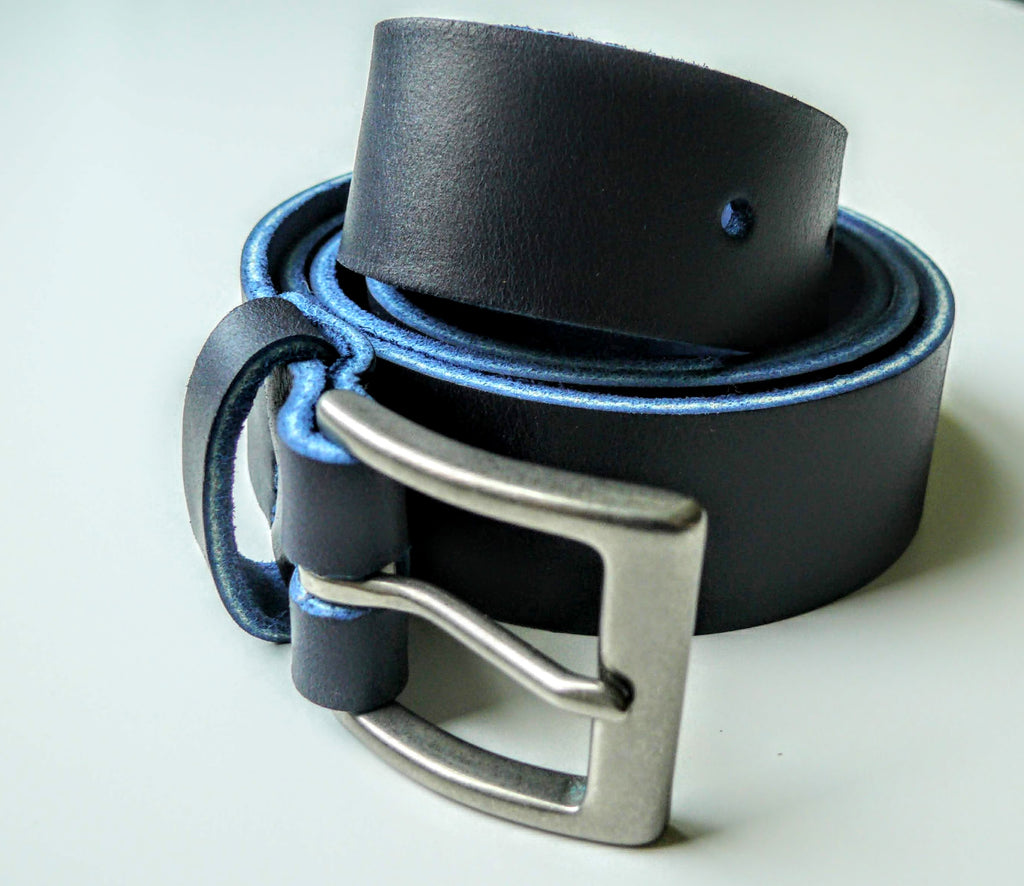 mens navy blue leather belt