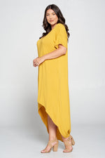 livd L I V D women's contemporary plus size clothing high low hi lo dress with pockets v neck sleeves in mustard yellow