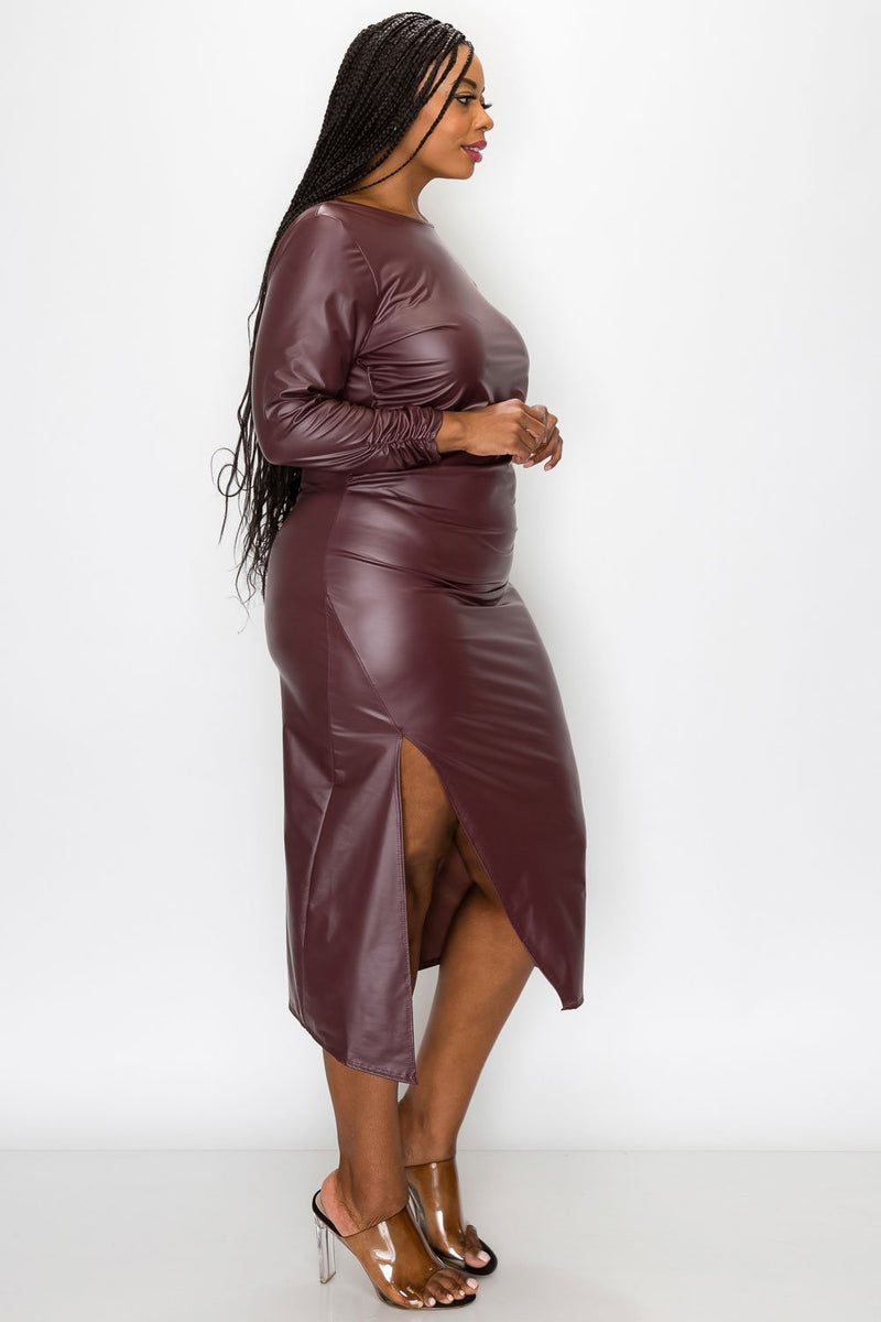 livd L I V D women's trendy plus size fashion contemporary faux leather ruched sleeves with open back and leg slit in burgundy made in USA