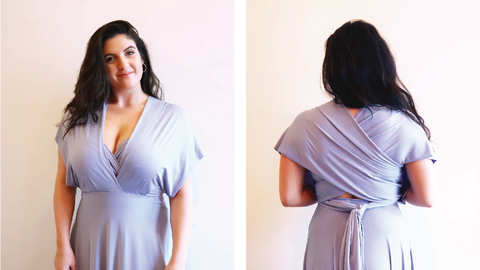 Women wearing Henkaa Disty Blue Sakura Maxi infinity dress in faux-bandeau style that perfectly covers a regular bra.