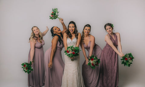 Models wearing the Henkaa convertible dress collection in Mauve Taupe, convertible dresses are perfect for bridal parties.