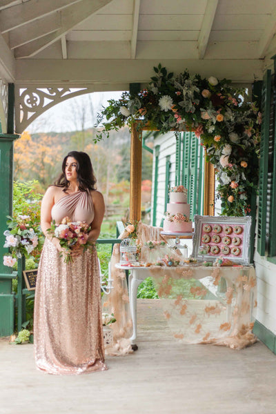 Henkaa rose gold sequin skirt paired with Henkaa nude champagne Sakura Maxi Infinity dress.