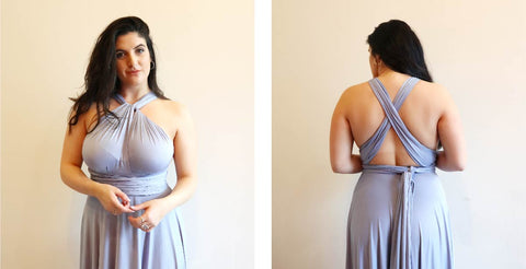 Dusty Blue Sakura convertible dress in knot-front halter style called the Liza. 