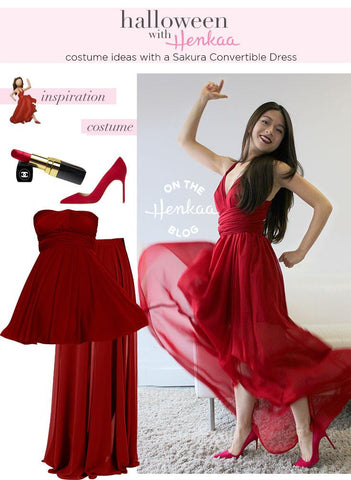 Henkaa Convertible Dress used as a Red Dancing Woman Emoji Halloween Costume, great cosplay costume that you can wear again.