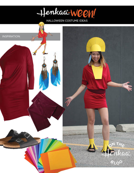How to create cheap Emperor Kuzco Halloween costume using Henkaa Ruby Red Calla convertible dress, top and skirt and construction paper.