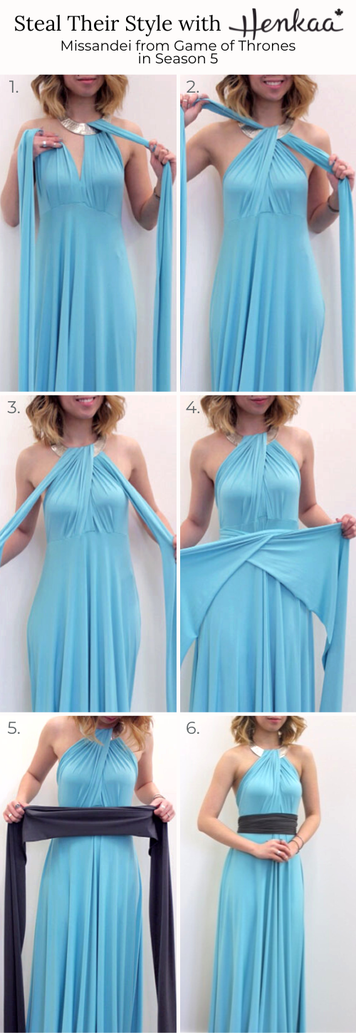 Henkaa tutorial on how to make Missandei blue dress game of thrones season 5 costume using an infinity dress.