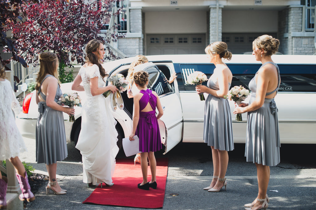 Bridesmaids in Dove Grey Sakura Midi Convertible Dresses