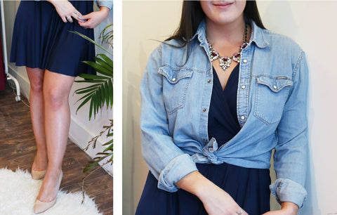 Image collage of woman in navy blue Henkaa Sakura Midi multiway dress with chambray shirt over top, accent necklace, and neutral heels.