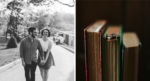 Averie MacDonald and fiancé Bled Celhyka walk hand in hand for their engagement shoot. Right image is of Averie's ring set on a stack of books.