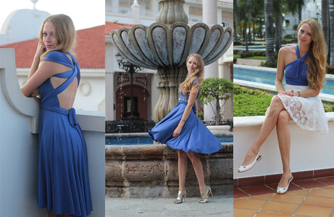 Blonde woman wearing the Henkaa travel dress in Periwinkle in the Natalia style