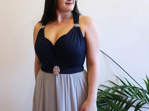 Henkaa Sakura Maxi in Navy Blue paired with Henkaa Brooches and Hana Chiffon Skirt Overlay in Silver Grey.