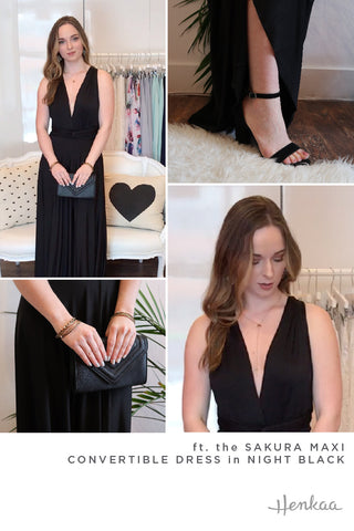 Henkaa Night Black Sakura Maxi Infinity dress wrapped in a deep V cute prom dress style. Simple black clutch and black ankle-strap heel complete the look.