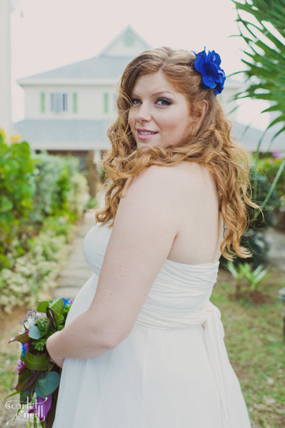 Pregnant bride in Saint Lucia wearing Sakura Chiffon Convertible Wedding Dress.