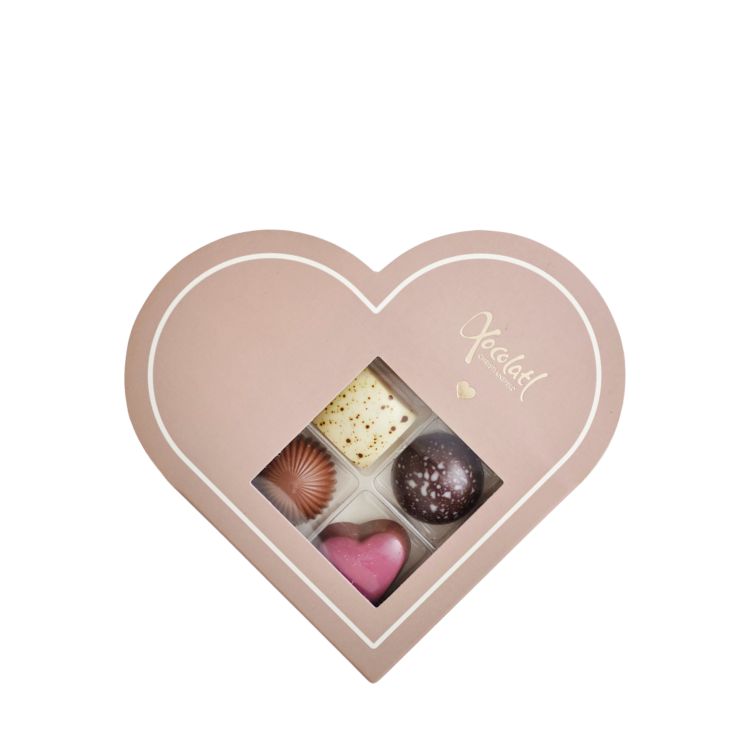 Se Hjerte gaveæske med 4 chokolader (rosa)- Xocolatl hos Delikatessehuset