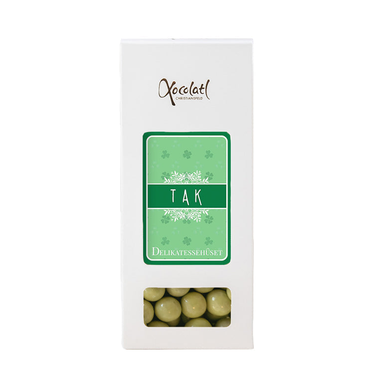 Æske 'TAK' - vælg selv indhold - Grøn - TAK / Kiksekugler med hvid chokolade