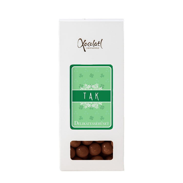 Æske 'TAK' - vælg selv indhold - Grøn - TAK / Kiksekugler med mørk chokolade