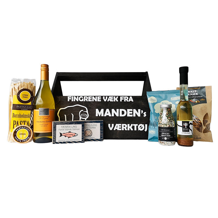 Delikatessehuset Gave til Manden - Værktøjskasse med egefadslagret chardonnay, laks, muslinger og specialiteter