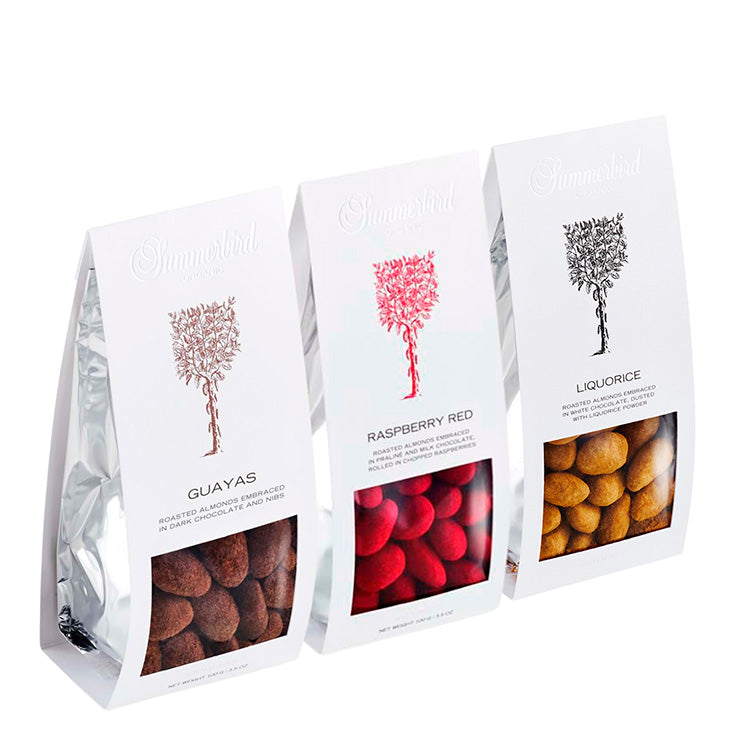 Billede af Sampak (mix selv) - 3 poser Chokoladedragérede mandler, Summerbird - Liquorice / Raspberry Red / Raspberry Red