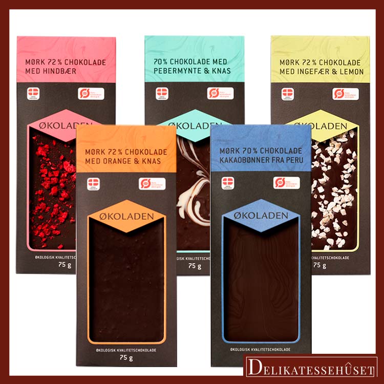 Elmelund Chocolatier Chokoladeplade sampak, 5 økologiske mørk chokolade