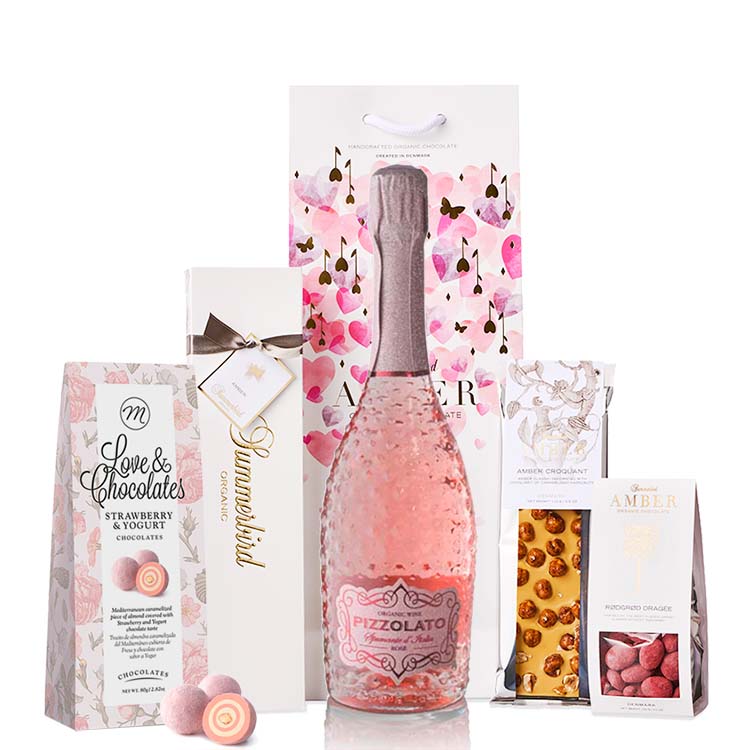 Delikatessehuset Valentinsgave - Sød gavepose med Summerbird chokolade og Rosé bobler