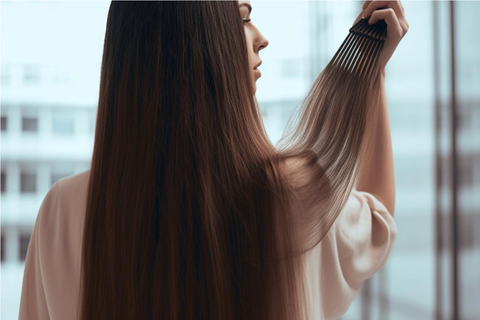 Woman with long hair brushing her hair